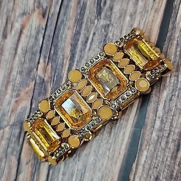 NEW GOLD TONE AMBER STONE STRETCH FASHION BRACELET - Picture 4 of 7